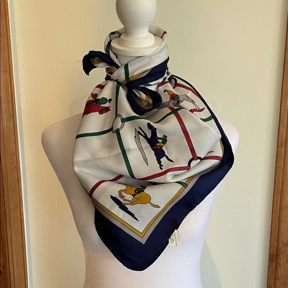 Vintage Multicolor Equestrian Horse Racing Square Italian Scarf - Picture 7 of 16